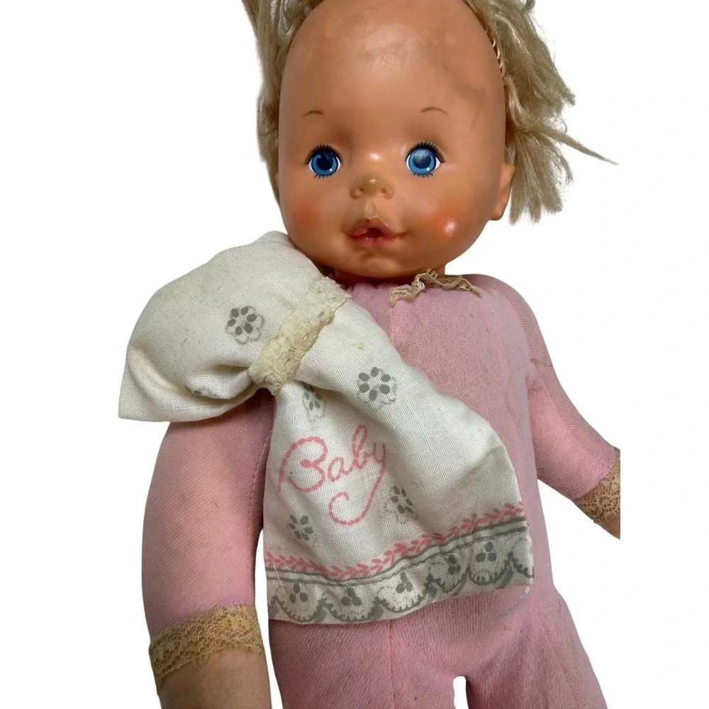 Vintage Ideal Toy Corp 1977 Baby Doll Pink Plush Pull String 14 Inch Blonde Blue